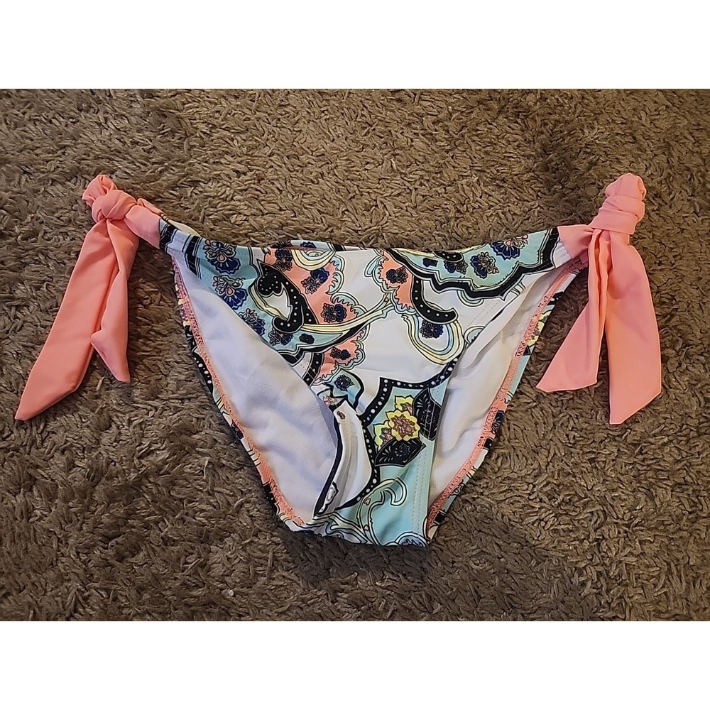 Womens Bikini Bottom Peach And Aqua Paisley Print, Size Small, Tie Sides New